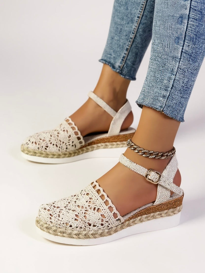 Kelly | Brown White Wedge Espadrilles Ankle Strap Shoes
