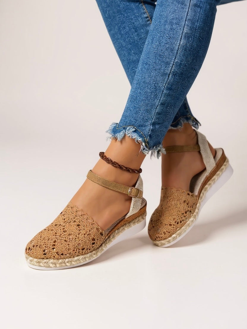 Kelly | Brown White Wedge Espadrilles Ankle Strap Shoes