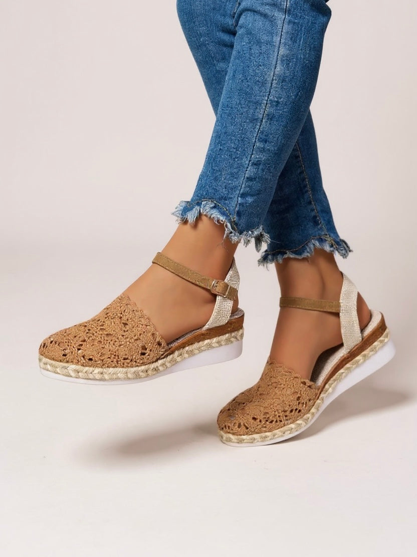 Kelly | Brown White Wedge Espadrilles Ankle Strap Shoes