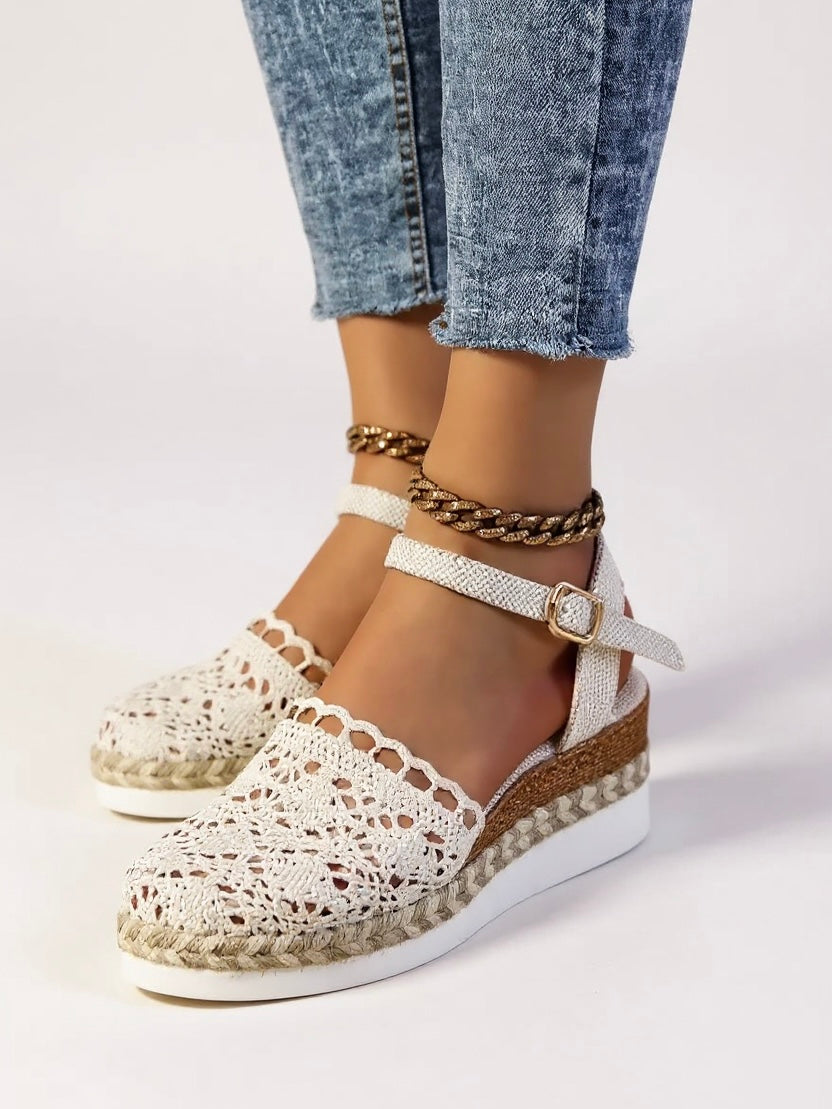 Kelly | Brown White Wedge Espadrilles Ankle Strap Shoes