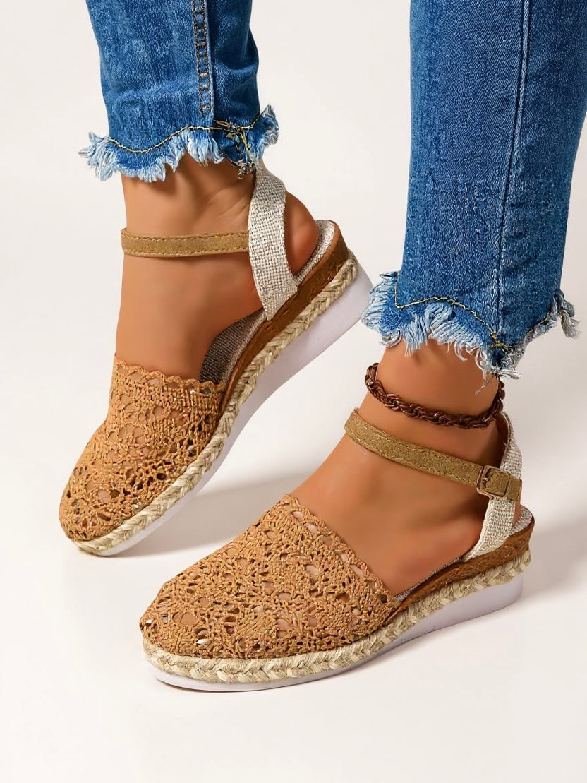 Kelly | Brown White Wedge Espadrilles Ankle Strap Shoes