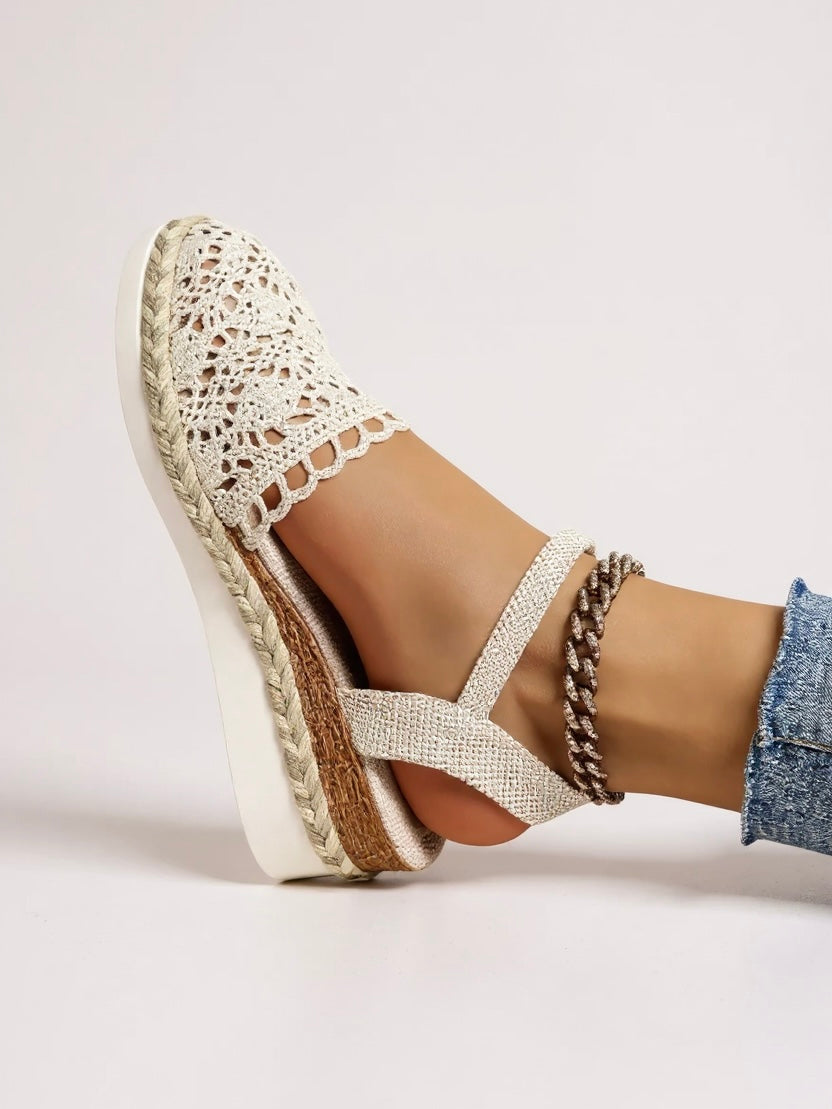 Kelly | Brown White Wedge Espadrilles Ankle Strap Shoes