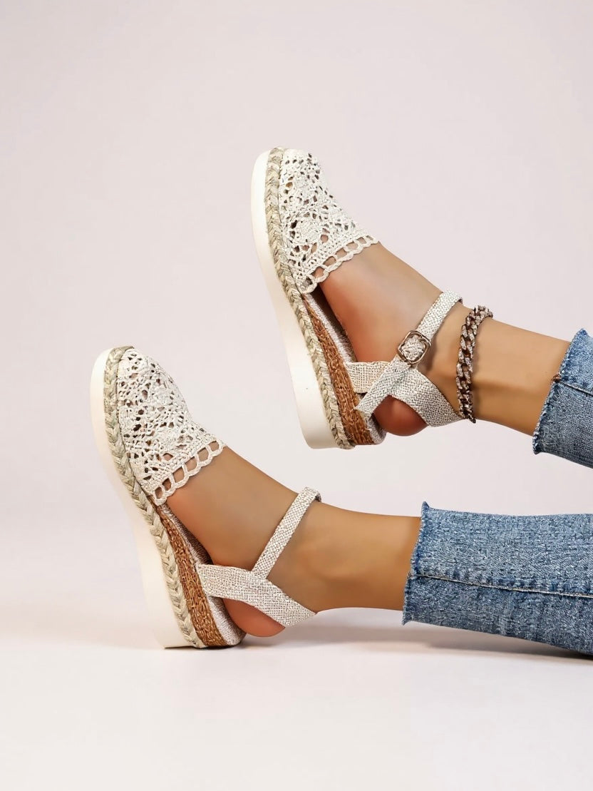 Kelly | Brown White Wedge Espadrilles Ankle Strap Shoes
