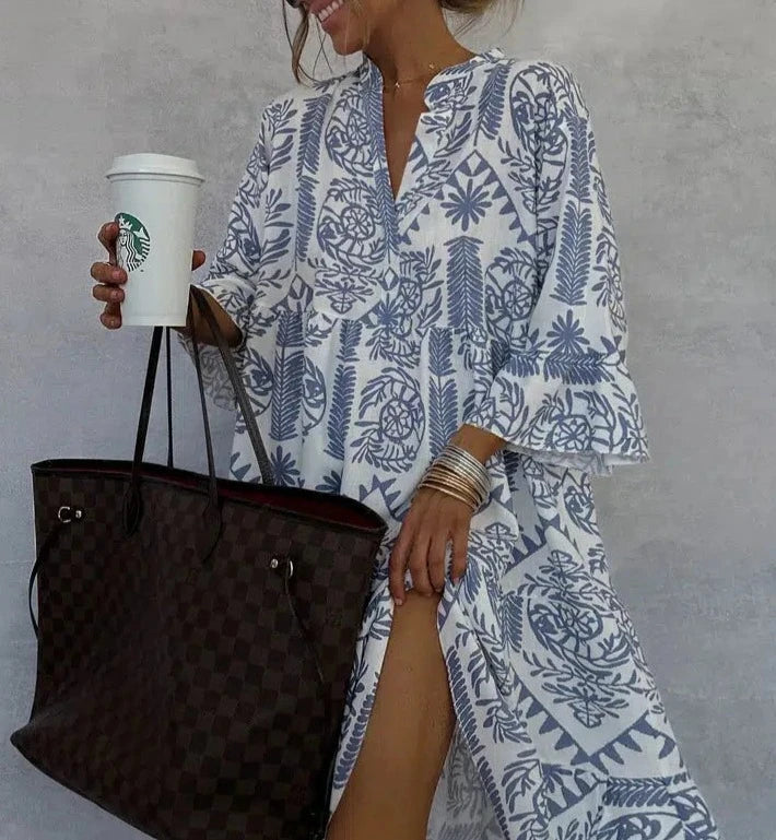 Vanessa | Boho Blue and White Floral Sun Long Sleeve Mini Dress