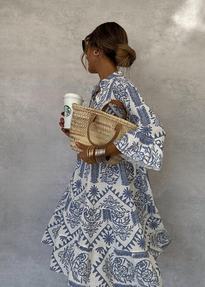 Vanessa | Boho Blue and White Floral Sun Long Sleeve Mini Dress