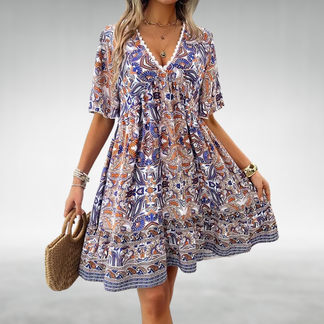 Serena | Boho Patterned Printed V Neck Mini Dress