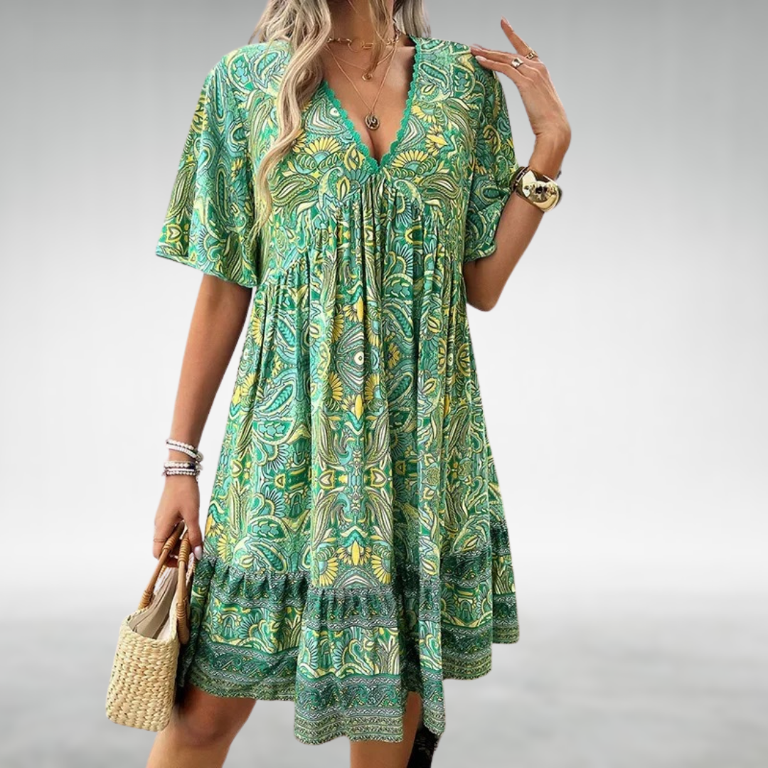 Serena | Boho Patterned Printed V Neck Mini Dress