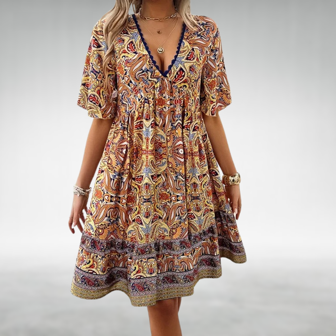 Serena | Boho Patterned Printed V Neck Mini Dress