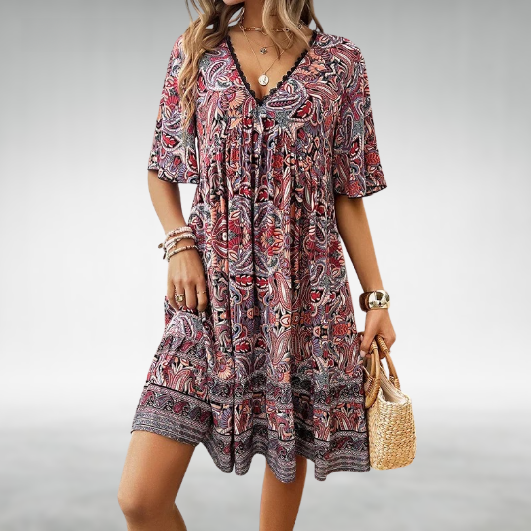 Serena | Boho Patterned Printed V Neck Mini Dress