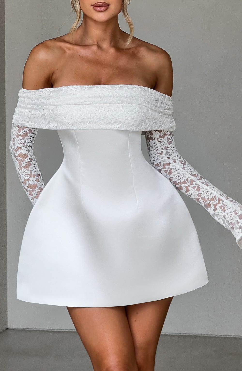 Mango | Women’s Short Lace Sleeve Off-Shoulder Dress