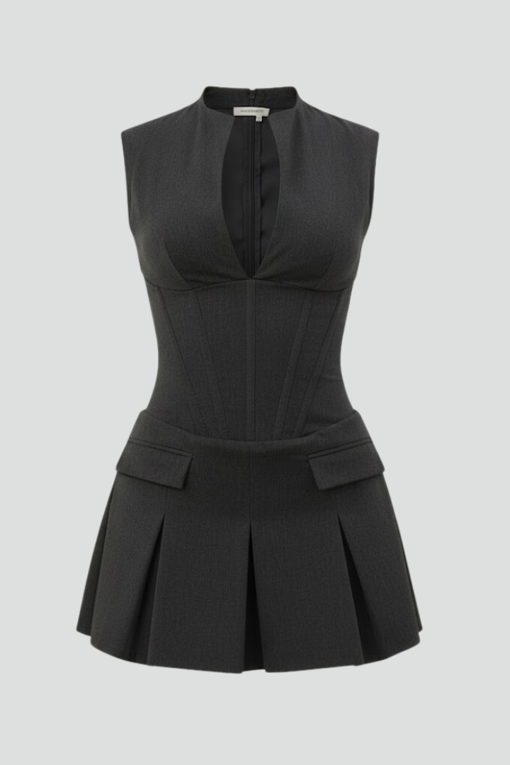 Lyra | Pleated Dark Grey Skirt Mini Dress with Plunge Neck