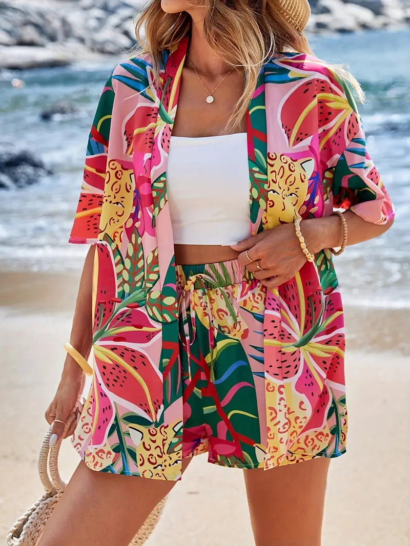 Pearl | Women's Floral Kimono Cardigan and Shorts Two Piece Set