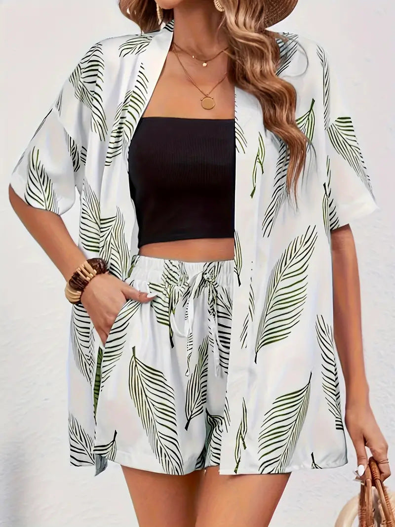 Pearl | Women's Floral Kimono Cardigan and Shorts Two Piece Set