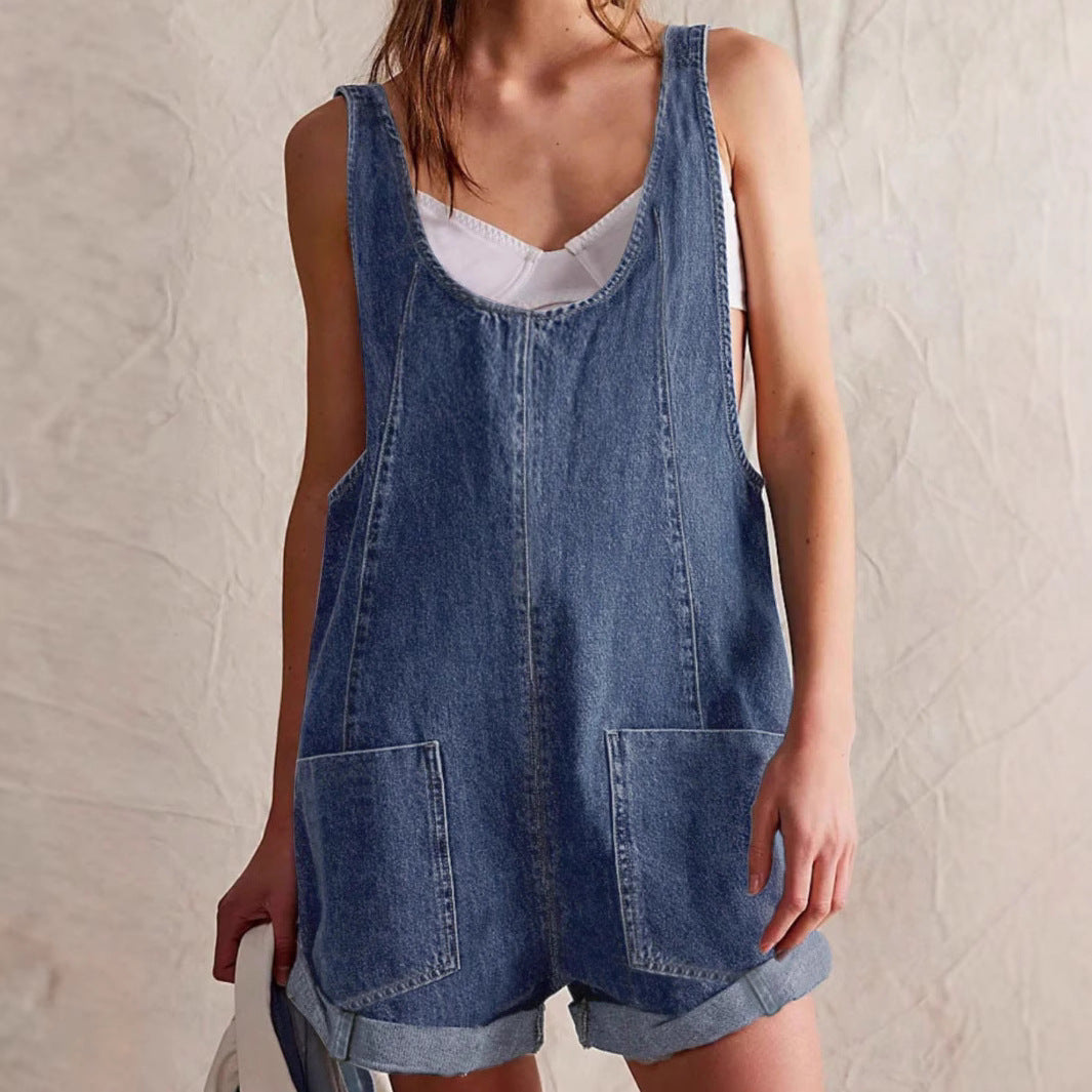 Maria | Women's Sleeveless Denim Romper with Pockets