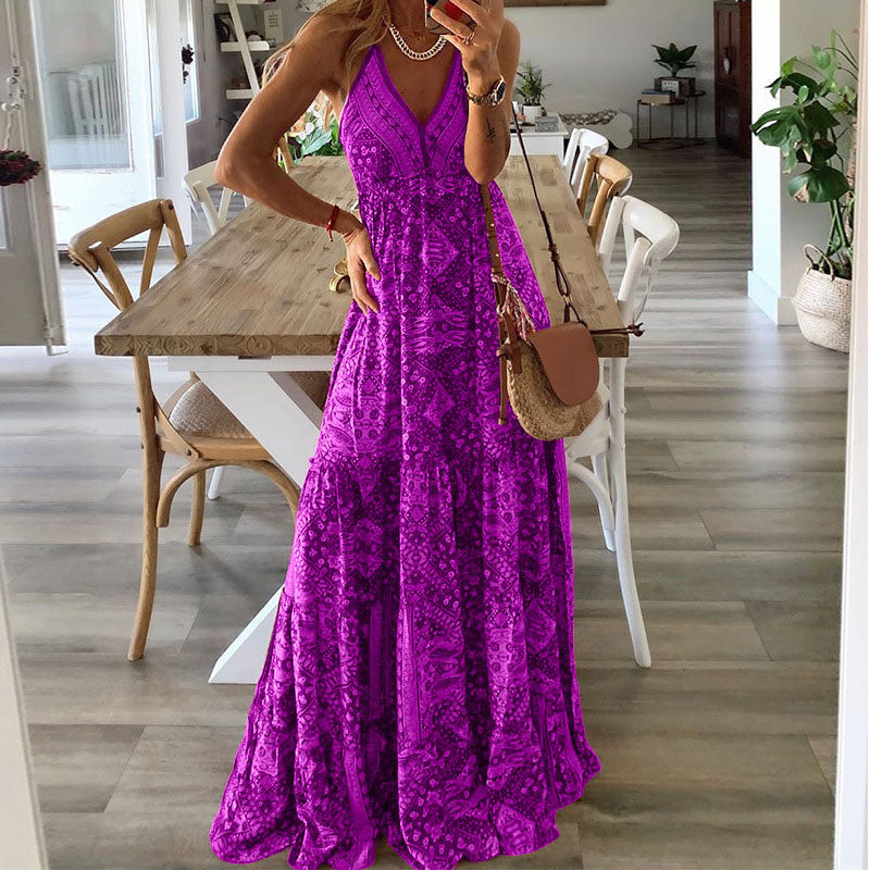 Lisa | Women's V Neck Boho Sun Flowy Draped Maxi Dress