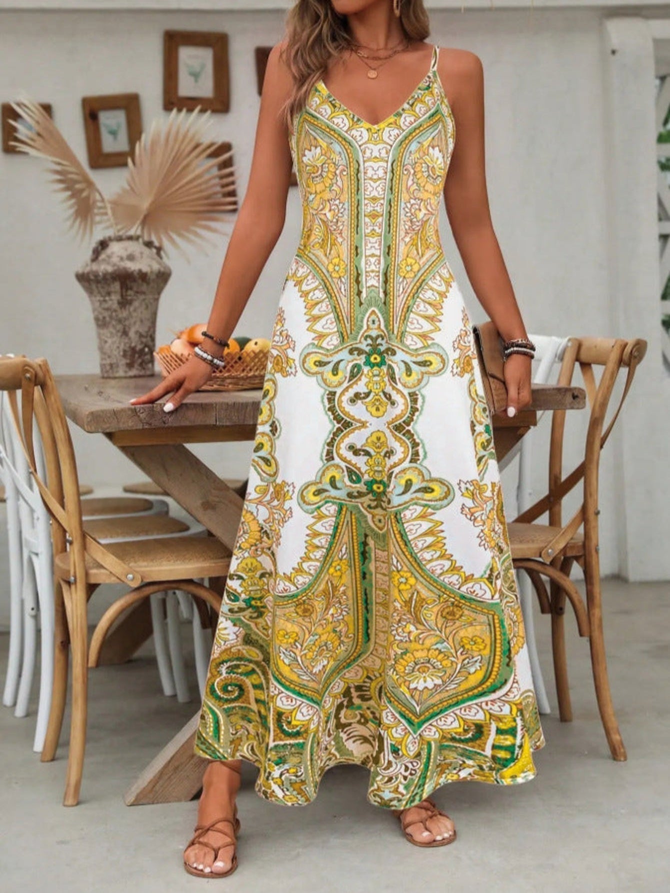 Natalie | Boho Paisley Maxi Dress Spaghetti Strap V-Neck