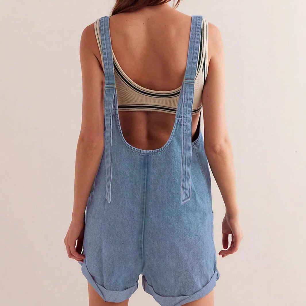 Maria | Women's Sleeveless Denim Romper with Pockets
