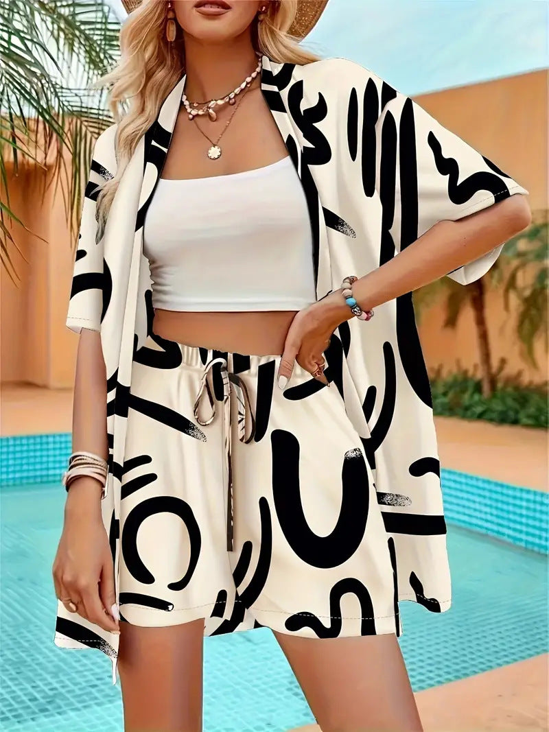 Pearl | Women's Floral Kimono Cardigan and Shorts Two Piece Set