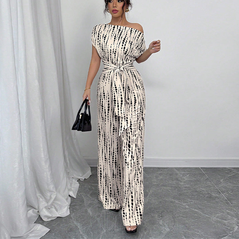 Mary | Women's Printed Wide Leg Jumpsuit One Shoulder Belted