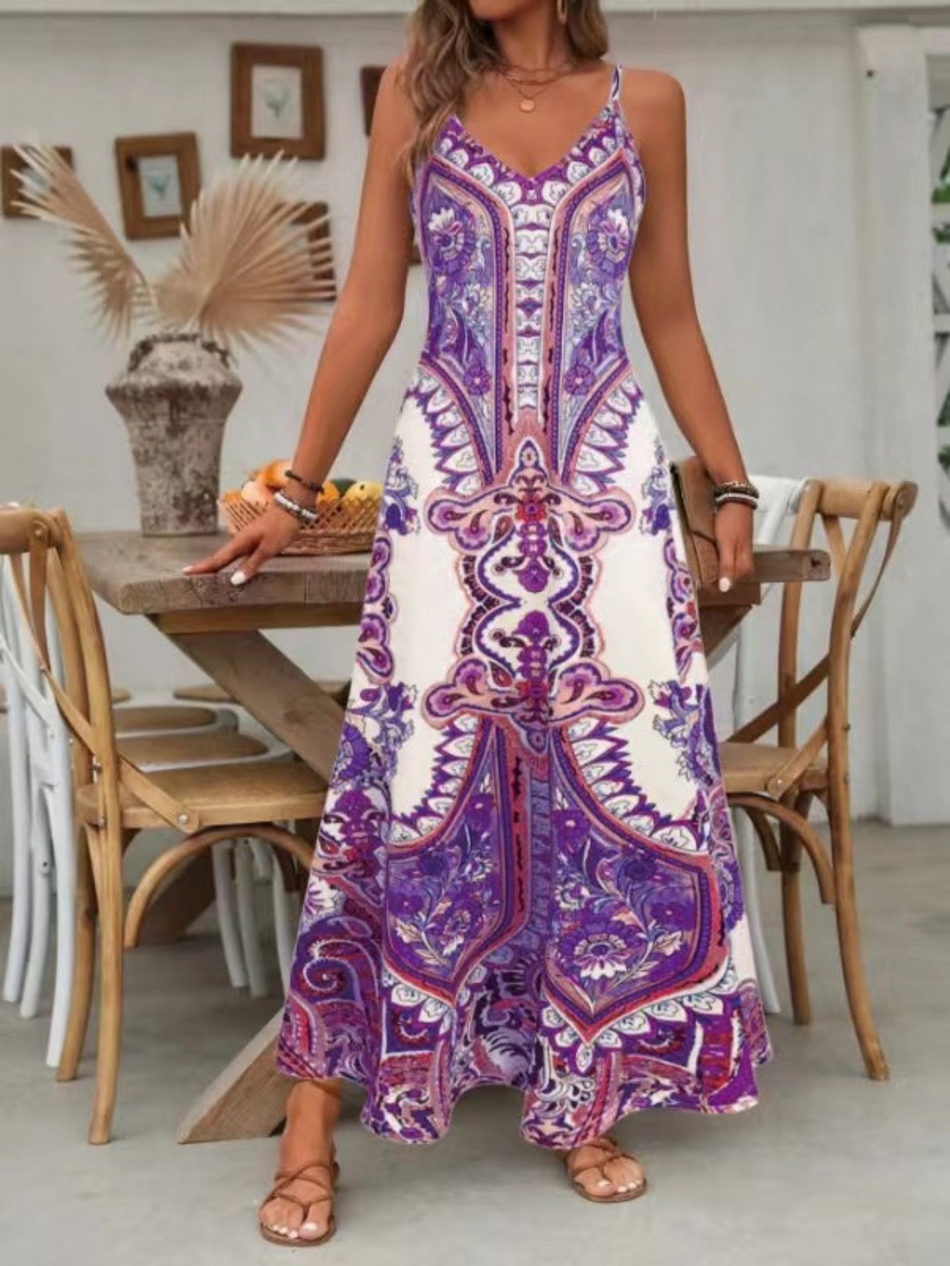 Natalie | Boho Paisley Maxi Dress Spaghetti Strap V-Neck
