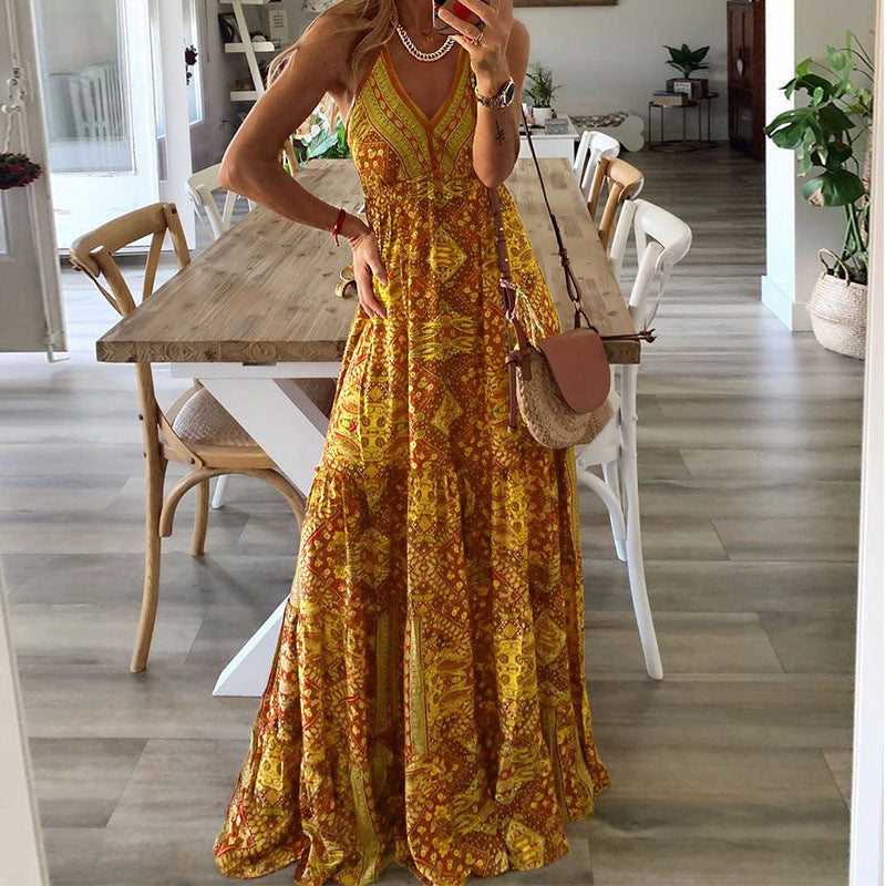 Lisa | Women's V Neck Boho Sun Flowy Draped Maxi Dress
