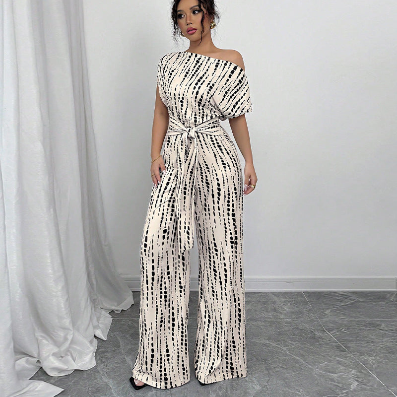 Mary | Women's Printed Wide Leg Jumpsuit One Shoulder Belted