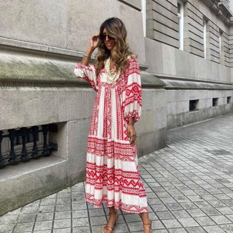Lynne | Women's Puff Sleeve V-Neck Boho Printed Maxi Dress