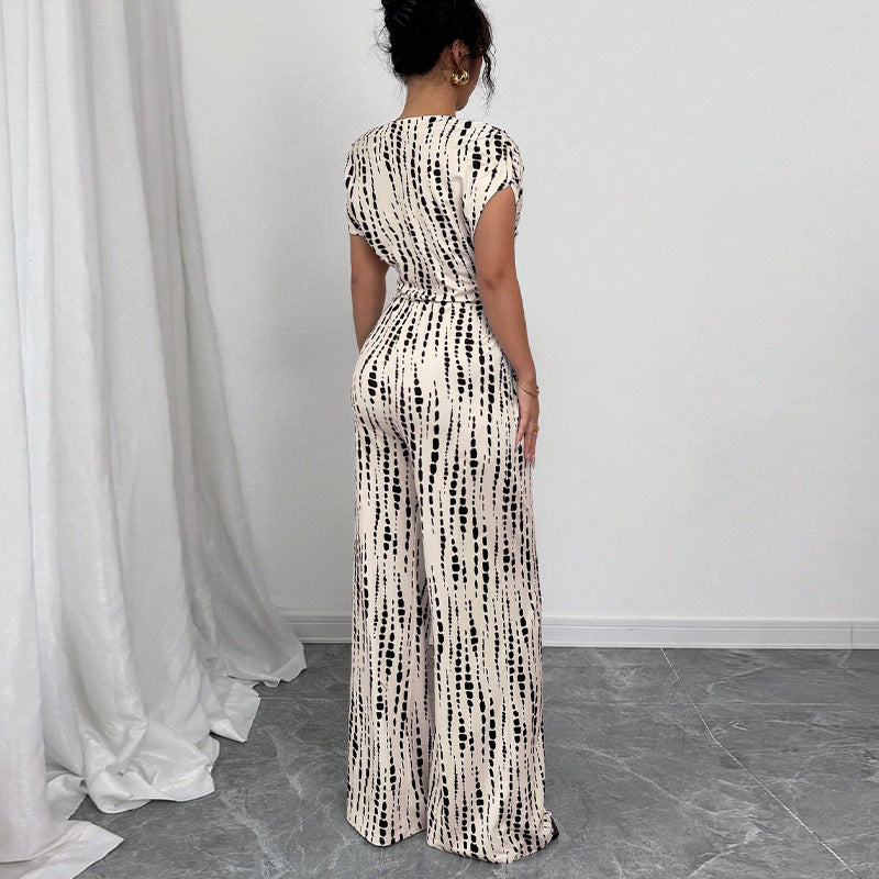 Mary | Women's Printed Wide Leg Jumpsuit One Shoulder Belted
