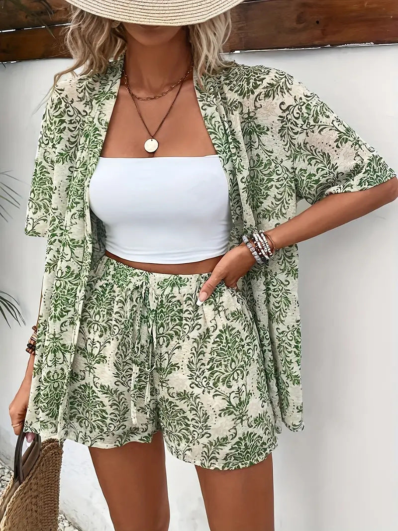 Pearl | Women's Floral Kimono Cardigan and Shorts Two Piece Set