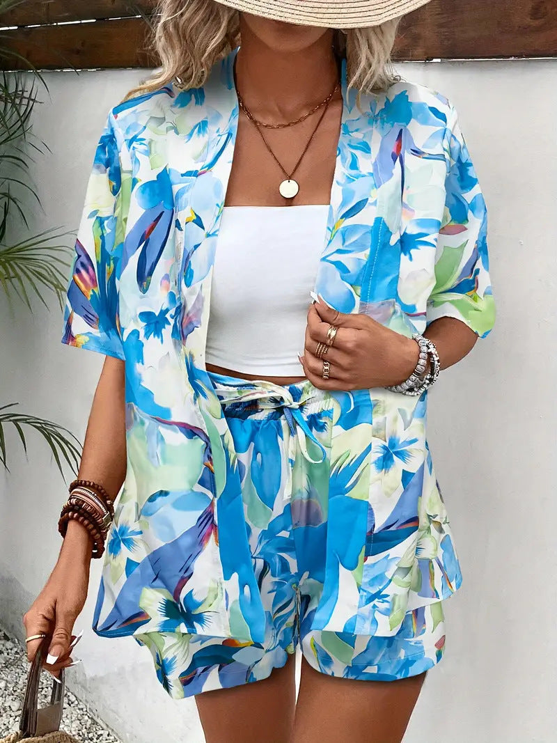 Pearl | Women's Floral Kimono Cardigan and Shorts Two Piece Set