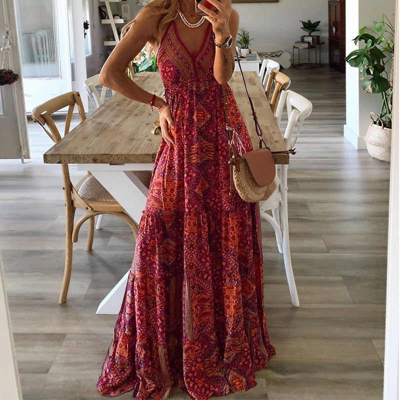 Lisa | Women's V Neck Boho Sun Flowy Draped Maxi Dress