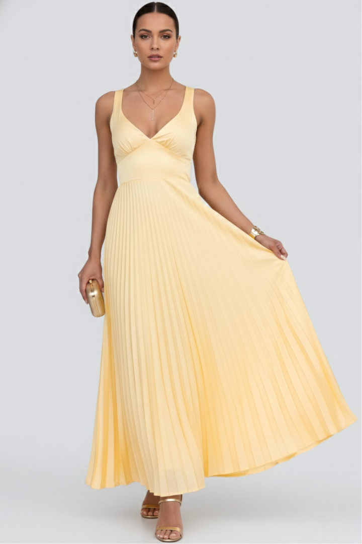 Saffron | Women’s Yellow V-Neck Pleated Skirt Maxi Dress