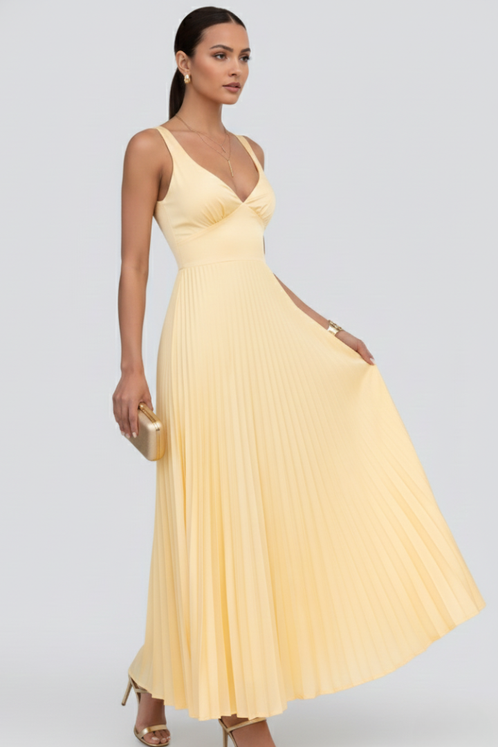 Saffron | Women’s Yellow V-Neck Pleated Skirt Maxi Dress