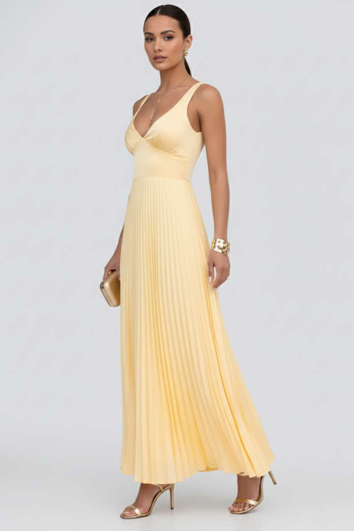 Saffron | Women’s Yellow V-Neck Pleated Skirt Maxi Dress