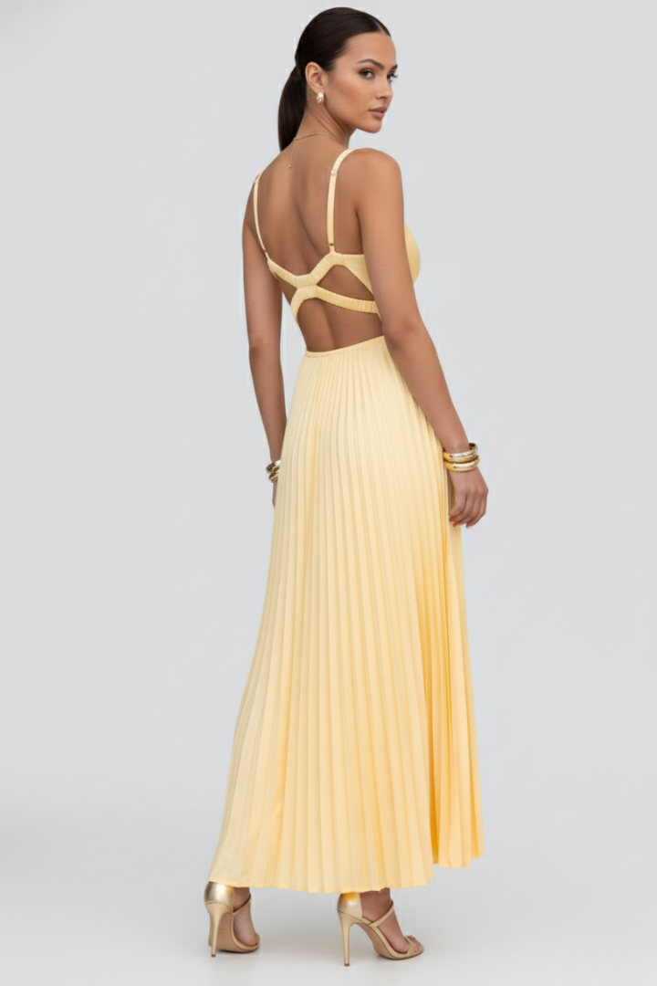 Saffron | Women’s Yellow V-Neck Pleated Skirt Maxi Dress