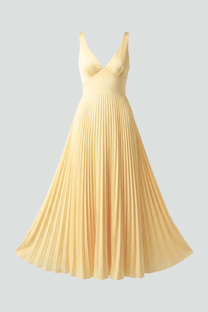 Saffron | Women’s Yellow V-Neck Pleated Skirt Maxi Dress