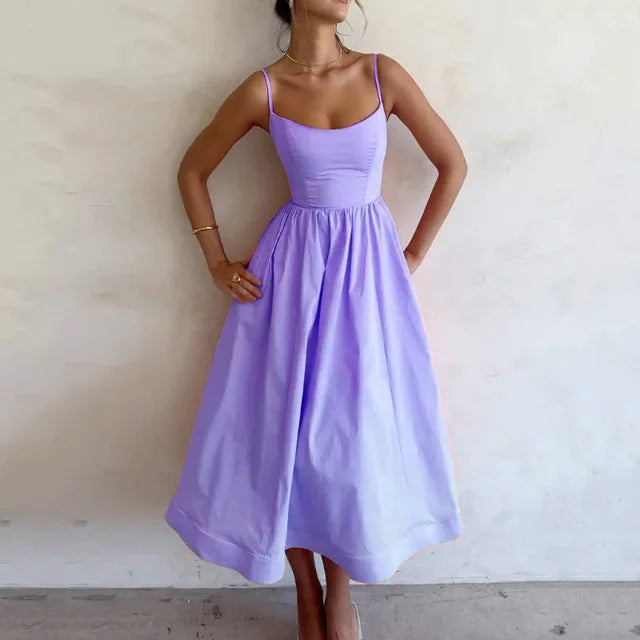 Rosalie | Pastel Pink Midi Dress with Spaghetti Straps