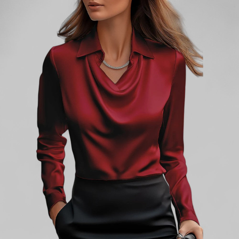 Rosita | Women’s Draped Neck Long Sleeve Satin Blouse