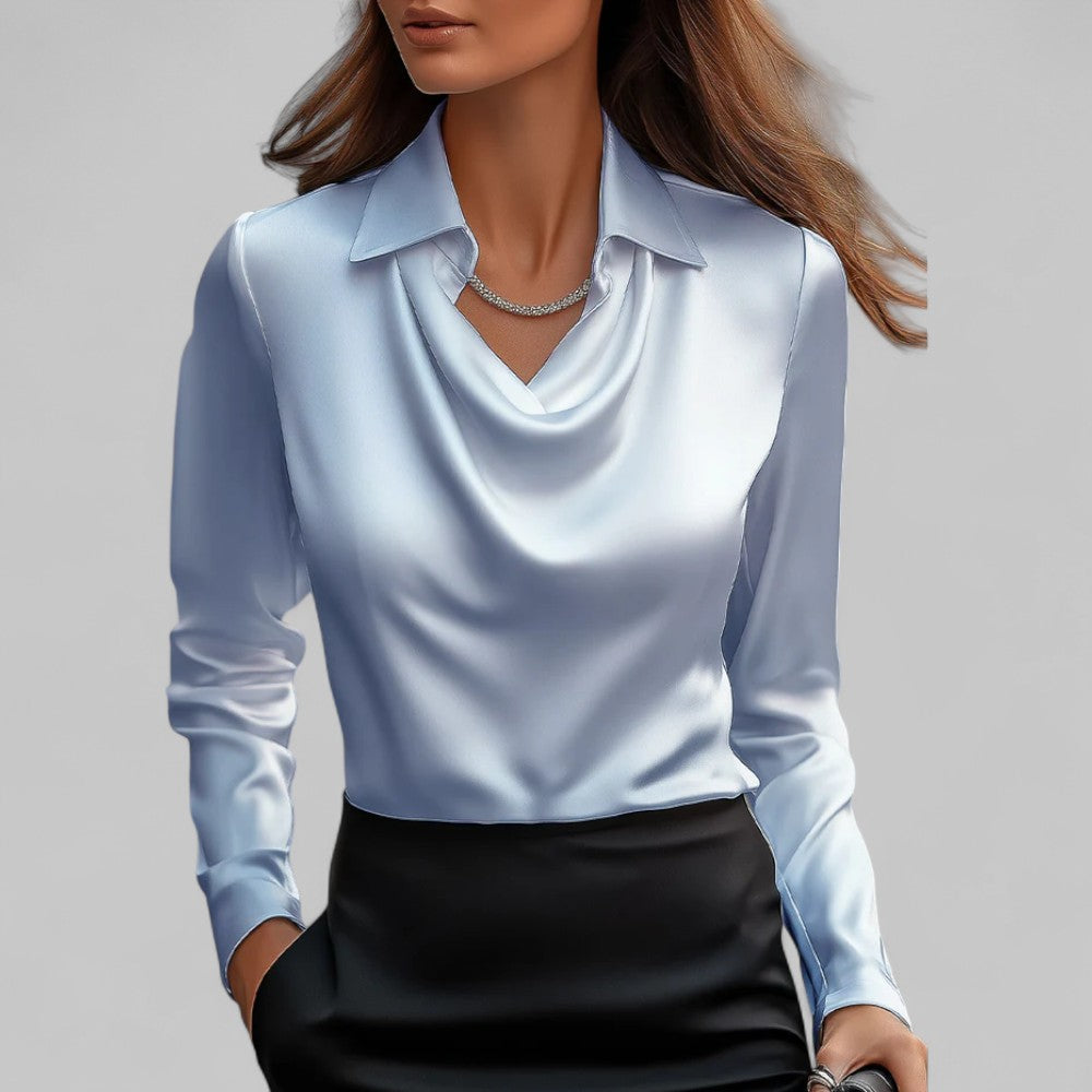 Rosita | Women’s Draped Neck Long Sleeve Satin Blouse