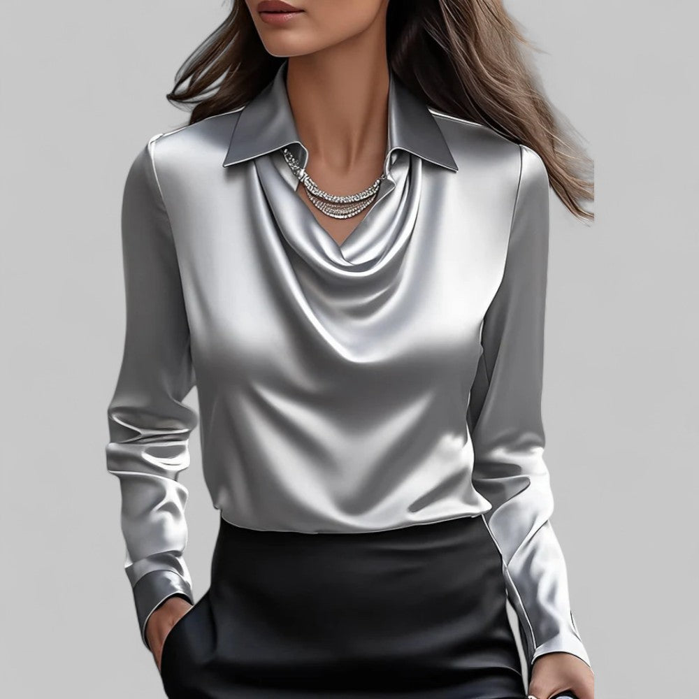 Rosita | Women’s Draped Neck Long Sleeve Satin Blouse