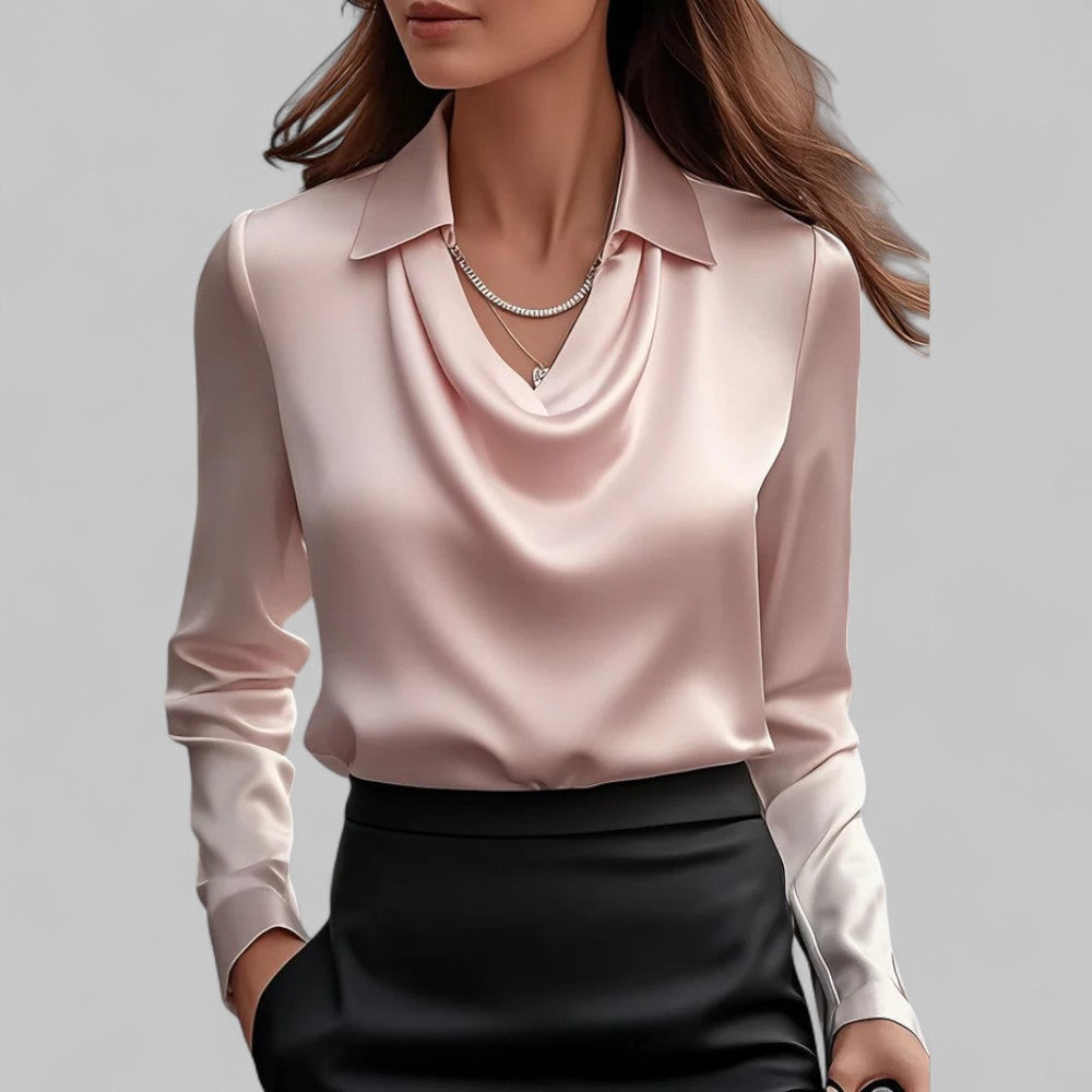 Rosita | Women’s Draped Neck Long Sleeve Satin Blouse