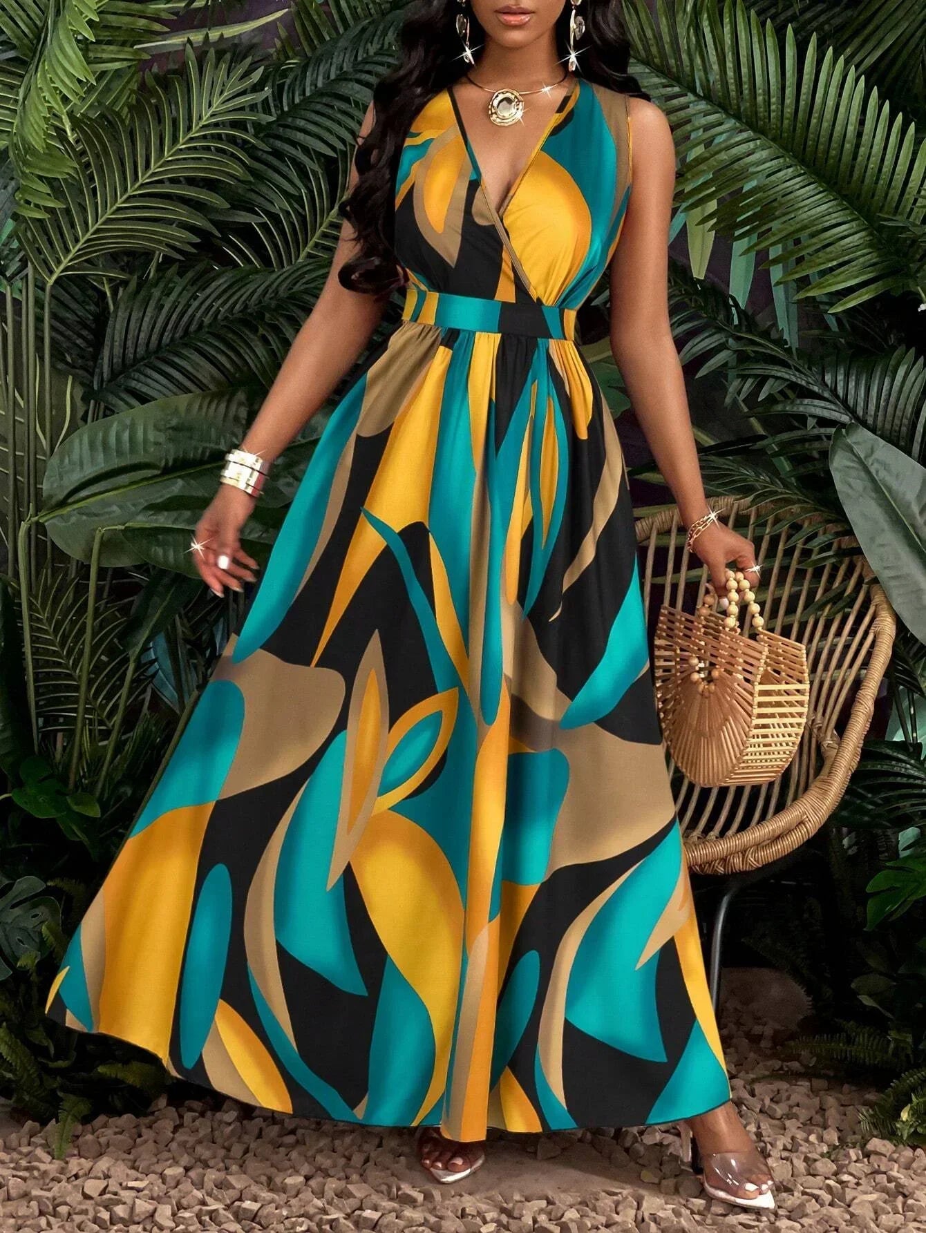 Melanie | Women's Yellow Blue V-Neck Sleeveless Abstract Print Maxi Dress