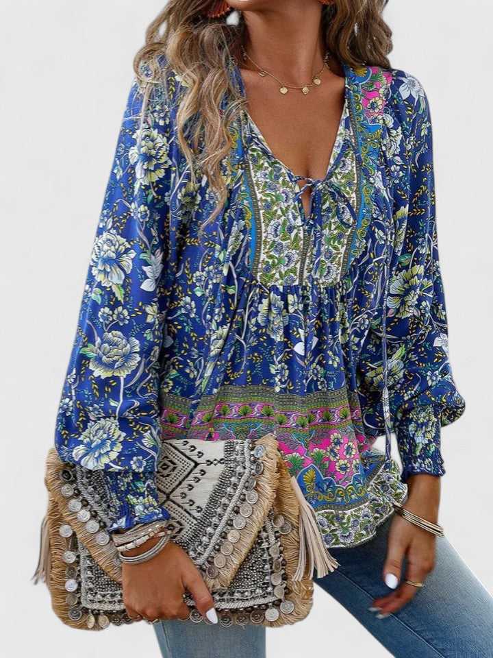 Ava | Pink Floral Long Sleeve Peasant Top Summer Blouse