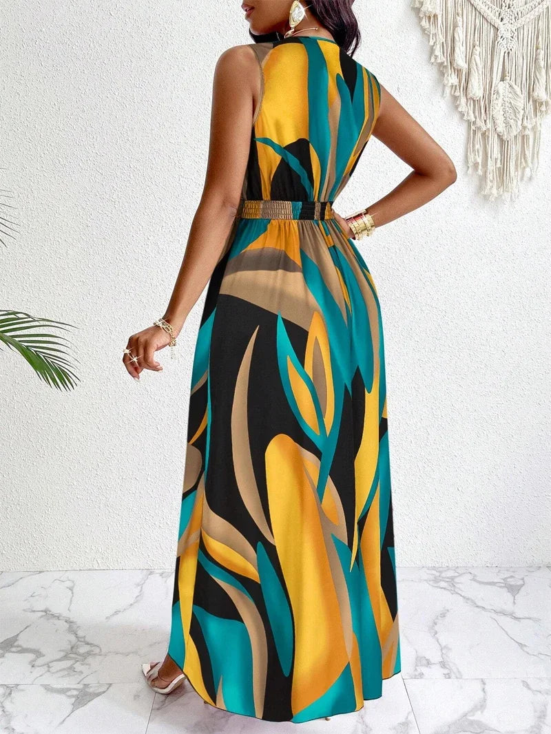 Melanie | Women's Yellow Blue V-Neck Sleeveless Abstract Print Maxi Dress