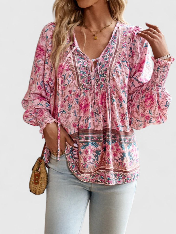 Ava | Pink Floral Long Sleeve Peasant Top Summer Blouse
