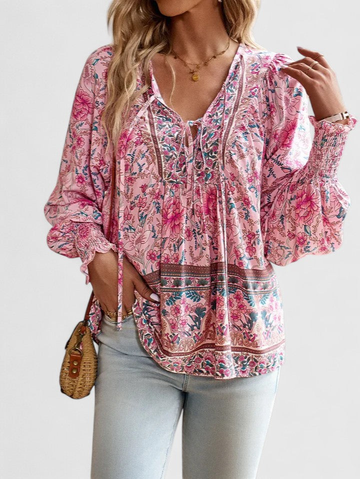 Ava | Pink Floral Long Sleeve Peasant Top Summer Blouse