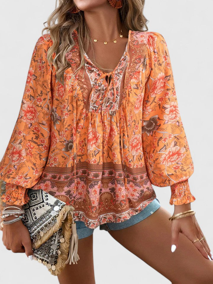 Ava | Pink Floral Long Sleeve Peasant Top Summer Blouse