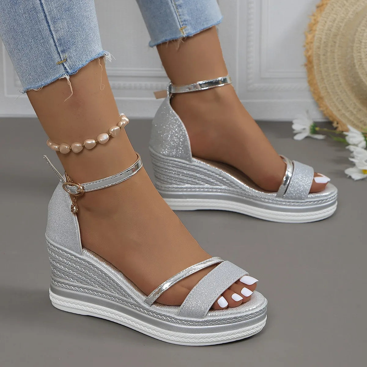 Naomi | Womens Platform Wedge Strap Sandals with Glitter
