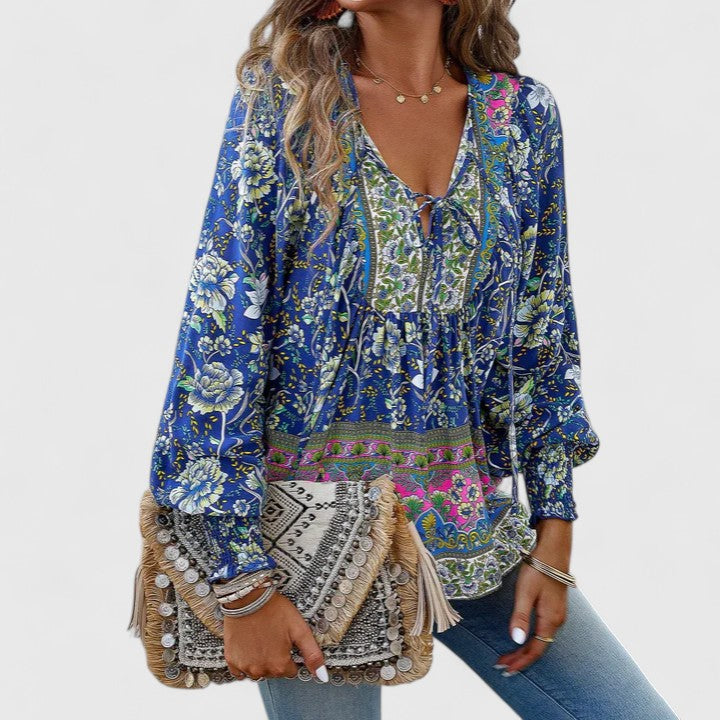 Ava | Pink Floral Long Sleeve Peasant Top Summer Blouse