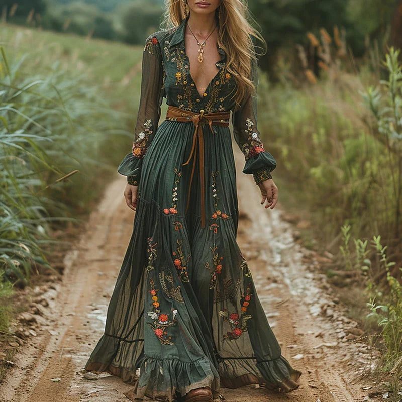 Jane | Green Brown Boho Casual Long Sleeve Maxi Dress